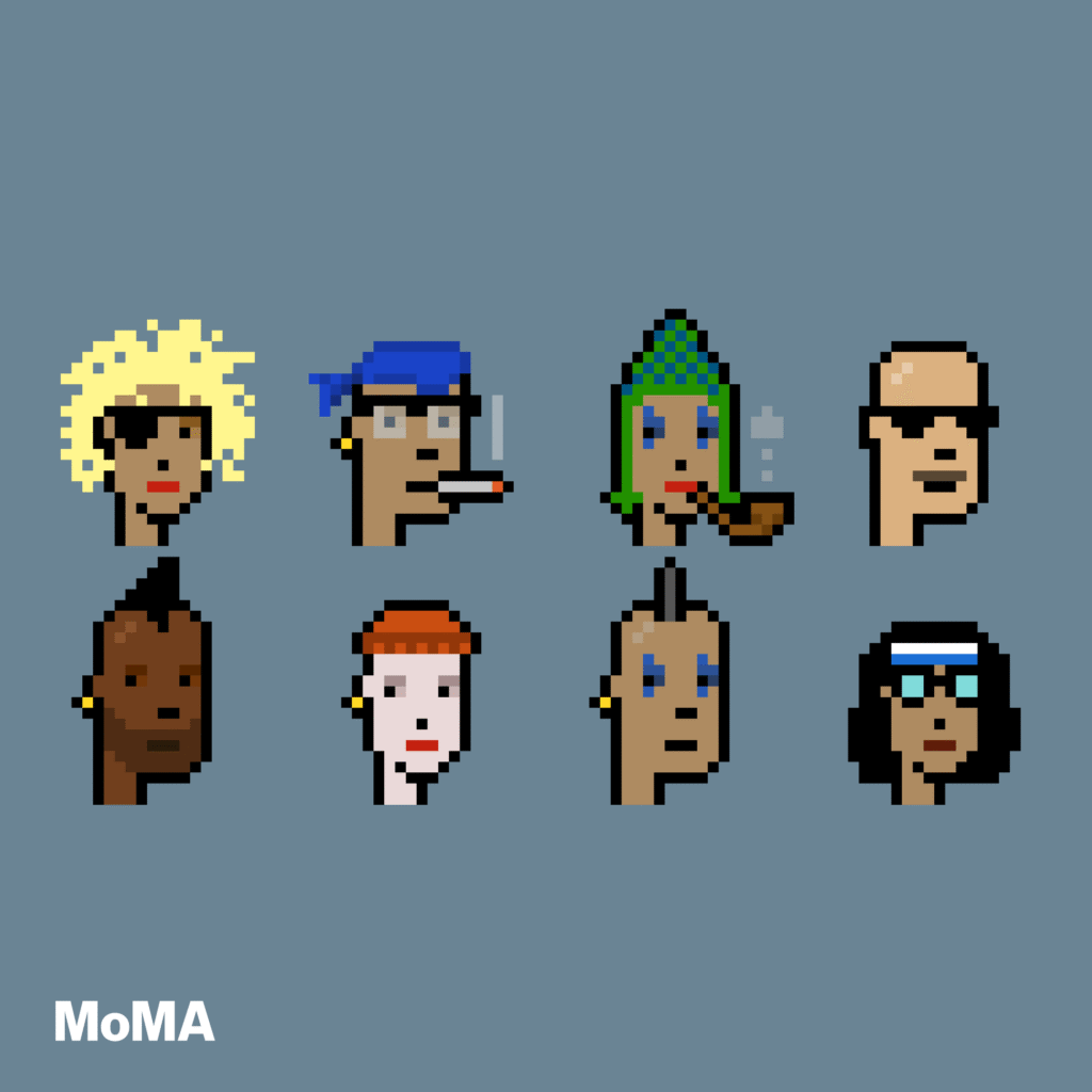Pixel art NFT avatars displayed in a grid, featuring diverse punk-style characters with different hairstyles, accessories, and expressions, representing early crypto art and digital collectibles showcased by MoMA.